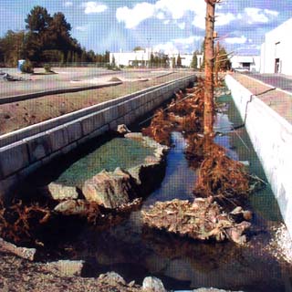 This section of Riverton Creek, which flows through a parking lot, was protected with mechanically stabilized concrete block earth walls. The streambed provides a spawning habitat for salmon and trout. Photo courtesy of Ultrablock