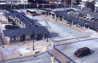 Colored concrete used for the Renton Transit Center is lit in places by embedded fiber optics. Photo courtesy of Gary Merlino Construction Co.