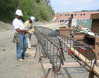 Challenged by peat bog soils and grade variation, IMCO carpenters tied steel for grade beams needed to support an 18-inch-diameter storm drain pipe.